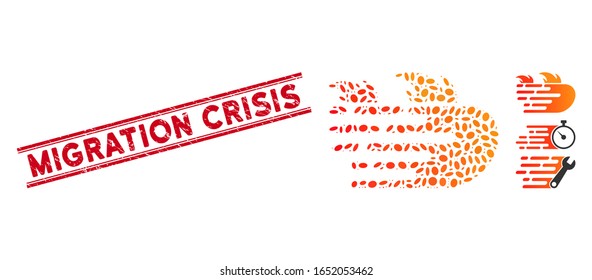 Grunge red stamp seal with Migration Crisis text inside double parallel lines, and mosaic rush fire icon. Mosaic vector is created with rush fire icon and with random oval spots.