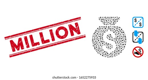 Grunge red stamp seal with Million phrase inside double parallel lines, and mosaic financial capital icon. Mosaic vector is designed with financial capital icon and with random elliptic elements.