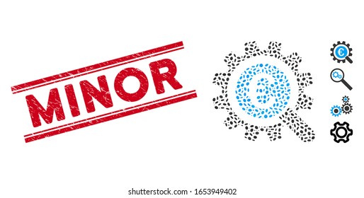 Grunge red stamp seal with Minor caption between double parallel lines, and mosaic Euro search options icon.
