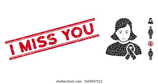 Grunge red stamp seal with I Miss You phrase between double parallel lines, and mosaic girl with sympathy ribbon icon.