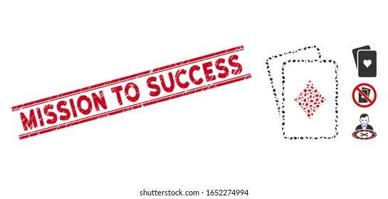 Grunge red stamp seal with Mission to Success caption between double parallel lines, and mosaic diamonds gambling cards icon.