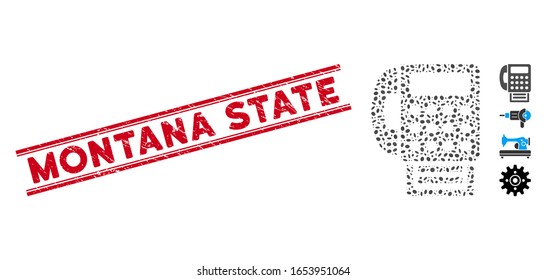 Grunge red stamp seal with Montana State text inside double parallel lines, and mosaic fax machine icon. Mosaic vector is created from fax machine icon and with random ellipse items.