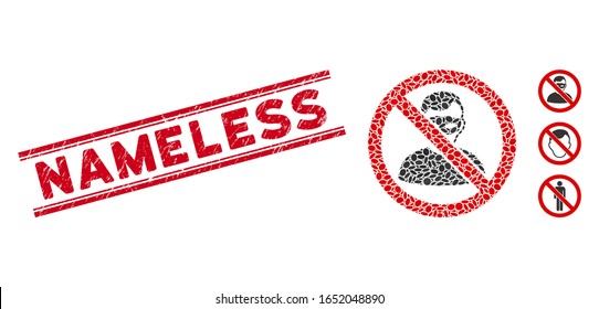 Grunge red stamp seal with Nameless caption inside double parallel lines, and collage no anonymous icon. Mosaic vector is designed with no anonymous icon and with random oval elements.