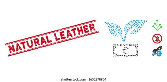 Grunge red stamp seal with Natural Leather caption inside double parallel lines, and mosaic Euro startup sprout icon.