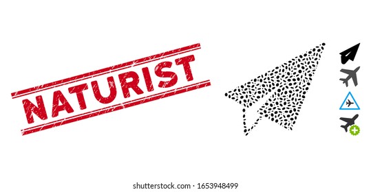 Grunge red stamp seal with Naturist text between double parallel lines, and mosaic freelance icon. Mosaic vector is created with freelance pictogram and with random ellipse elements.