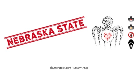 Grunge red stamp seal with Nebraska State phrase inside double parallel lines, and collage gambling happy monster icon.