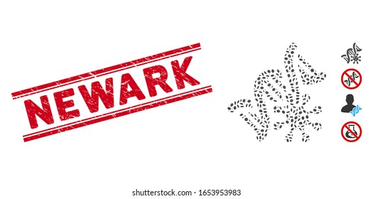 Grunge red stamp seal with Newark caption inside double parallel lines, and collage genetics icon. Mosaic vector is formed with genetics icon and with random oval elements.