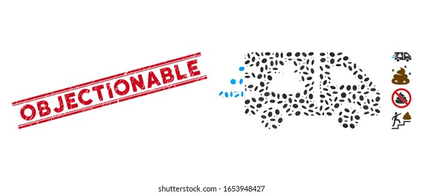 Grunge red stamp seal with Objectionable text inside double parallel lines, and mosaic express manure delivery icon.