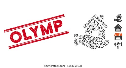 Grunge red stamp seal with Olymp caption inside double parallel lines, and mosaic home offer icon. Mosaic vector is designed with home offer icon and with random elliptic elements.