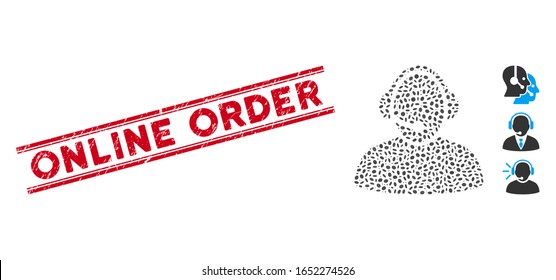 Grunge red stamp seal with Online Order phrase between double parallel lines, and mosaic call center icon. Mosaic vector is composed with call center icon and with scattered ellipse spots.
