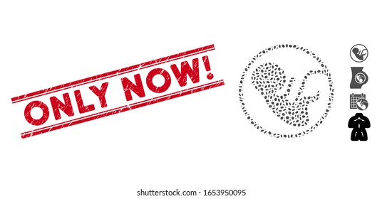 Grunge red stamp seal with Only Now! phrase inside double parallel lines, and mosaic human embryo icon. Mosaic vector is composed with human embryo icon and with random oval items.