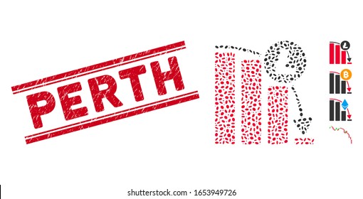 Grunge red stamp seal with Perth phrase between double parallel lines, and mosaic Litecoin epic fail graph icon.