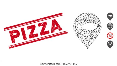 Grunge red stamp seal with Pizza text between double parallel lines, and mosaic fish marker icon. Mosaic vector is formed with fish marker icon and with randomized elliptic elements.