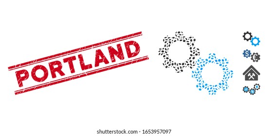 Grunge red stamp seal with Portland phrase inside double parallel lines, and collage mechanical gears icon. Mosaic vector is designed with mechanical gears icon and with randomized ellipse elements.