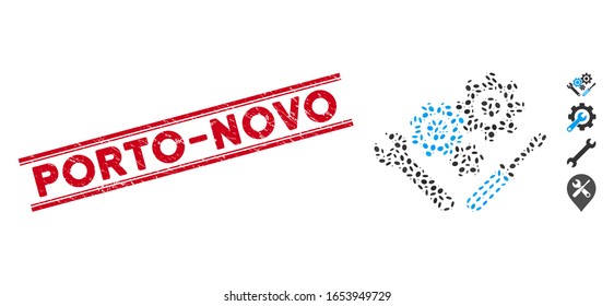 Grunge red stamp seal with Porto-Novo text inside double parallel lines, and mosaic mechanics tools icon. Mosaic vector is created with mechanics tools icon and with randomized ellipse spots.