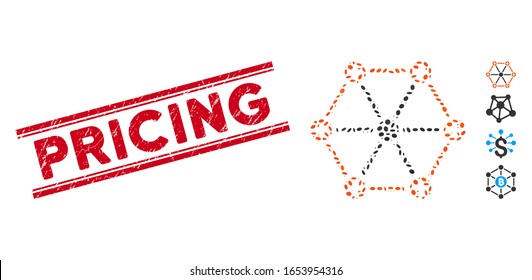 Grunge red stamp seal with Pricing caption between double parallel lines, and collage medical network icon. Mosaic vector is formed with medical network icon and with randomized ellipse spots.
