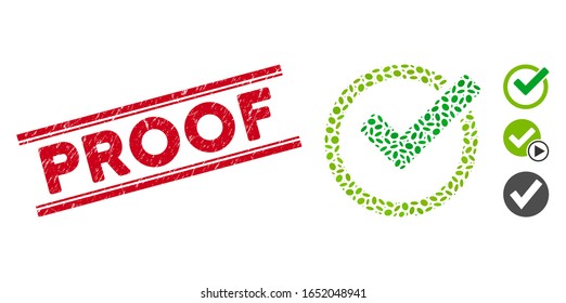 Grunge red stamp seal with Proof caption between double parallel lines, and mosaic validity icon. Mosaic vector is created with validity icon and with scattered elliptic spots.