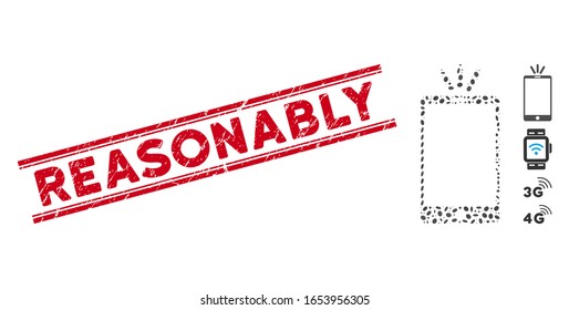 Grunge red stamp seal with Reasonably phrase between double parallel lines, and mosaic mobile torch icon. Mosaic vector is composed with mobile torch icon and with random oval items.