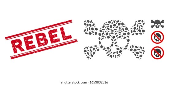 Grunge red stamp seal with Rebel phrase between double parallel lines, and collage skull crossbones icon. Mosaic vector is composed with skull crossbones icon and with scattered elliptic spots.