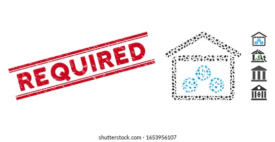Grunge red stamp seal with Required phrase inside double parallel lines, and mosaic money depository icon. Mosaic vector is composed with money depository icon and with randomized elliptic spots.