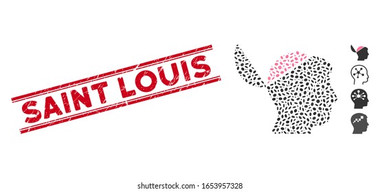 Grunge red stamp seal with Saint Louis caption between double parallel lines, and mosaic open brain icon. Mosaic vector is created with open brain icon and with randomized oval spots.