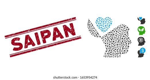 Grunge red stamp seal with Saipan phrase inside double parallel lines, and mosaic open mind love heart icon. Mosaic vector is composed with open mind love heart icon and with randomized ellipse items.