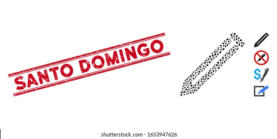 Grunge red stamp seal with Santo Domingo phrase between double parallel lines, and mosaic pencil icon. Mosaic vector is created with pencil icon and with scattered oval elements.