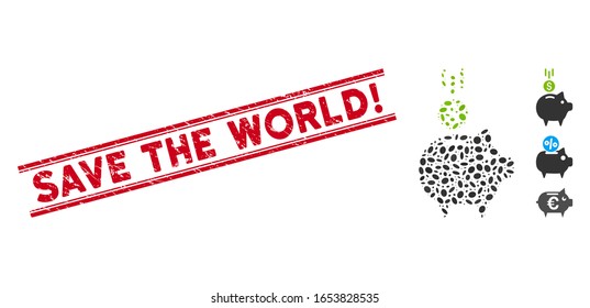 ¡Borra el sello rojo con Save the World! leyenda entre líneas paralelas dobles e icono de banco de canalización de depósitos de collage.