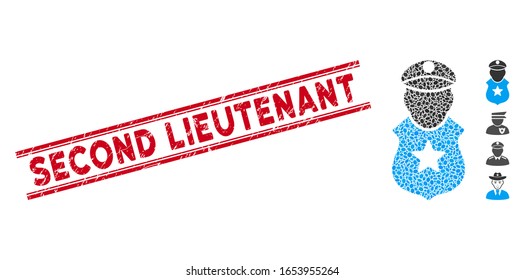 Sello de sello rojo grueso con la segunda frase teniente dentro de líneas paralelas dobles, y el icono del hombre guardián de mosaico. El vector mosaico se crea con el icono del hombre guardián y con elementos ovales aleatorizados.