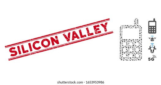 Grunge red stamp seal with Silicon Valley caption inside double parallel lines, and mosaic portable radio transmitter icon.
