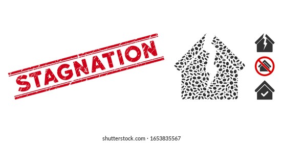 Grunge red stamp seal with Stagnation phrase inside double parallel lines, and collage housing crisis icon. Mosaic vector is composed with housing crisis icon and with random elliptic spots.