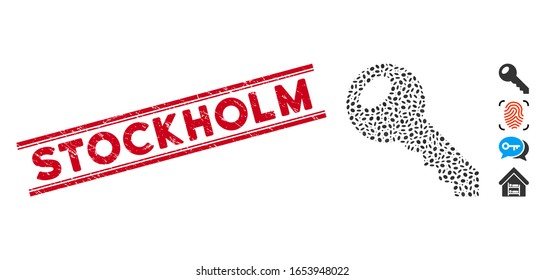 Grunge red stamp seal with Stockholm caption inside double parallel lines, and mosaic room key icon. Mosaic vector is created with room key icon and with scattered ellipse spots.