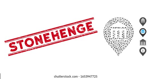 Grunge red stamp seal with Stonehenge phrase between double parallel lines, and mosaic museum marker icon. Mosaic vector is created from museum marker icon and with random oval items.