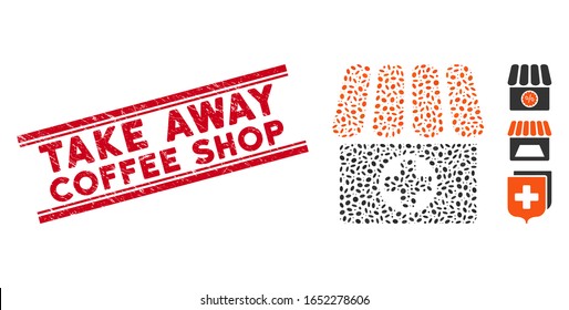 Grunge red stamp seal with Take Away Coffee Shop text between double parallel lines, and collage drugstore icon. Mosaic vector is created with drugstore pictogram and with scattered ellipse spots.