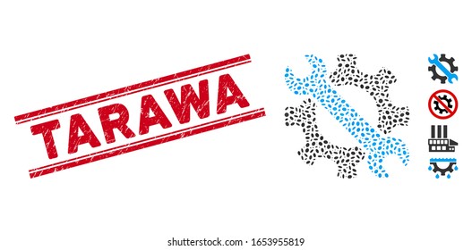 Grunge red stamp seal with Tarawa text between double parallel lines, and collage service tools icon. Mosaic vector is designed with service tools icon and with random oval elements.