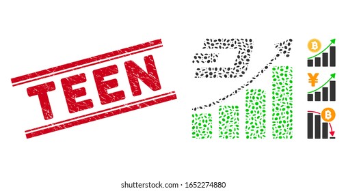 Grunge red stamp seal with Teen phrase inside double parallel lines, and mosaic Dash growth trend icon. Mosaic vector is composed with Dash growth trend icon and with scattered ellipse spots.