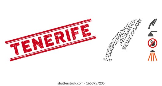 Grunge red stamp seal with Tenerife phrase inside double parallel lines, and mosaic shower head icon. Mosaic vector is designed with shower head icon and with randomized elliptic items.