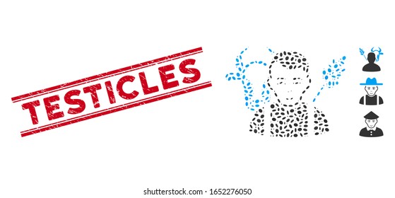 Grunge red stamp seal with Testicles phrase between double parallel lines, and mosaic farmer icon. Mosaic vector is created with farmer icon and with randomized ellipse items.