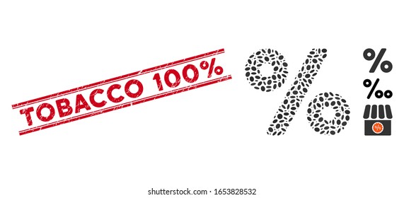 Grunge red stamp seal with Tobacco 100% phrase between double parallel lines, and collage percent icon. Mosaic vector is created with percent pictogram and with random elliptic items.