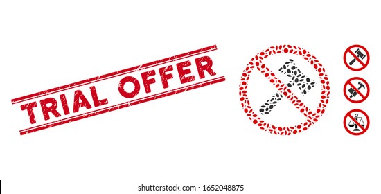 Grunge red stamp seal with Trial Offer phrase inside double parallel lines, and mosaic no bids icon. Mosaic vector is created from no bids icon and with random elliptic items.