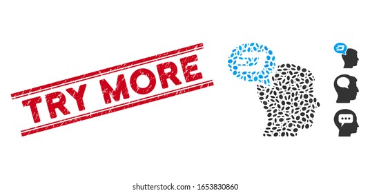 Grunge red stamp seal with Try More caption inside double parallel lines, and mosaic Dash thinking balloon icon.