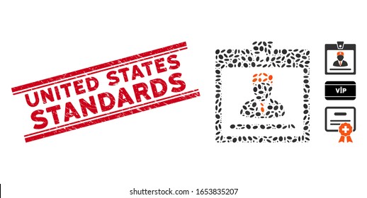 Grunge red stamp seal with United States Standards phrase inside double parallel lines, and mosaic doctor badge icon.