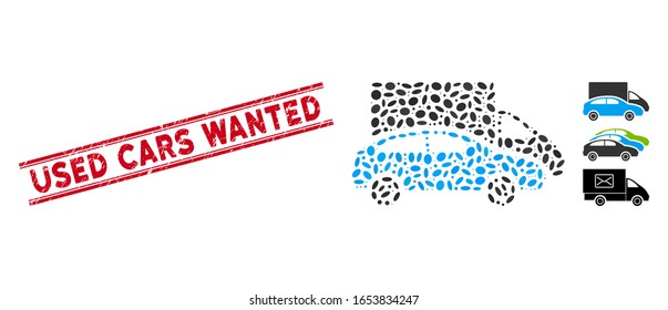 Grunge red stamp seal with Used Cars Wanted caption inside double parallel lines, and mosaic cars icon. Mosaic vector is formed with cars icon and with scattered elliptic elements.