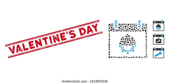Grunge red stamp seal with Valentine'S Day phrase between double parallel lines, and mosaic development calendar day icon.