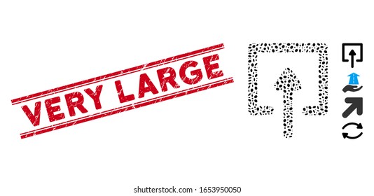 Grunge red stamp seal with Very Large text between double parallel lines, and mosaic upload icon. Mosaic vector is designed with upload pictogram and with randomized ellipse items.