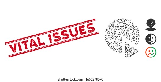 Grunge red stamp seal with Vital Issues text between double parallel lines, and collage emotion pie chart icon.