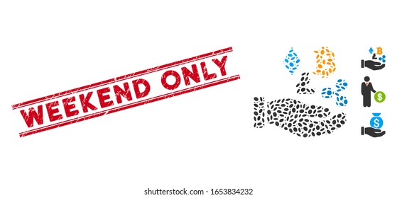 Grunge red stamp seal with Weekend Only phrase inside double parallel lines, and mosaic cryptocurrency investment hand icon.