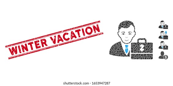 Grunge red stamp seal with Winter Vacation phrase between double parallel lines, and mosaic Zcash accounter icon. Mosaic vector is designed with Zcash accounter icon and with scattered elliptic items.