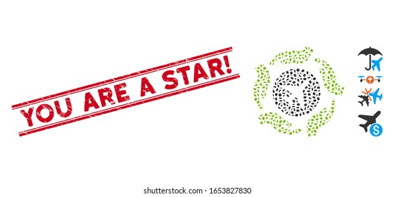 Grunge red stamp seal with You Are a Star! text inside double parallel lines, and mosaic aircraft care hands icon.