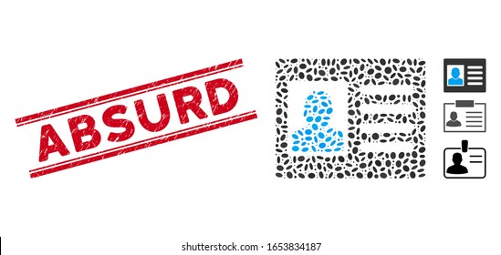 Grunge red stamp watermark with Absurd caption inside double parallel lines, and mosaic account card icon. Mosaic vector is designed with account card pictogram and with randomized elliptic elements.